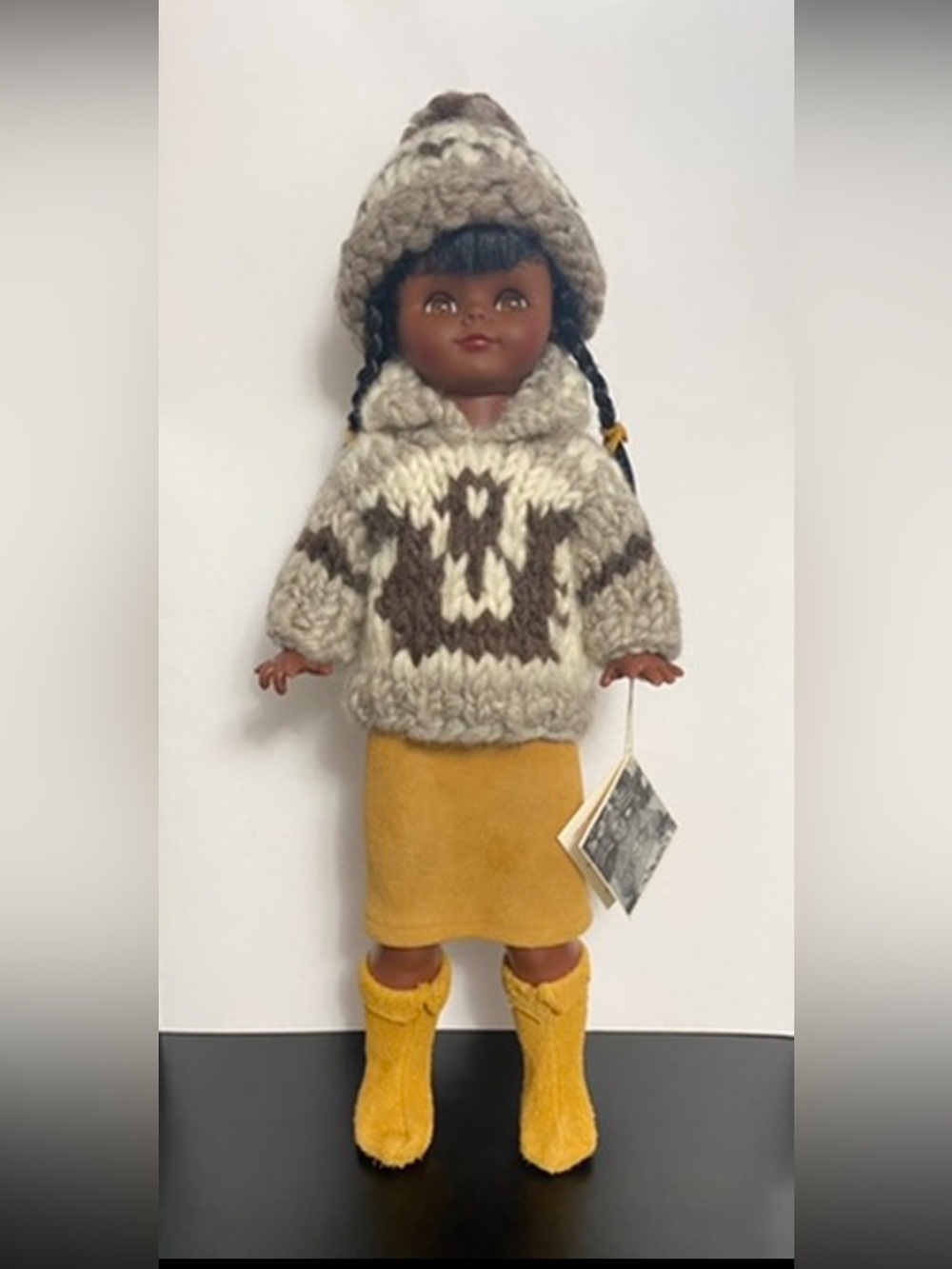 NEW Handcrafted Signed Cowichan Doll Hand Knit Wool Sweater Mustard Suede Outfit